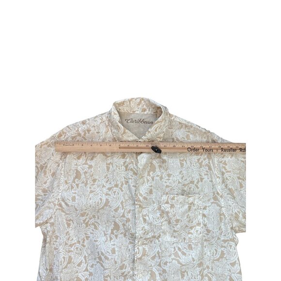 Caribbean Shirt Mens Large Beige White Linen Short Sleeve Floral Tropical Button - Picture 6 of 8